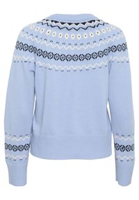 Light blue knitted sweater features a round neckline, ribbed cuffs, and patterned accents in black and white around the shoulders and sleeves.
