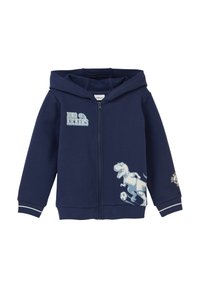 Navy zip-up hoodie in katoenmix, met een dinosaurusafbeelding en de tekst "Dino Kickers". Inclusief een capuchon en ribboorden.
