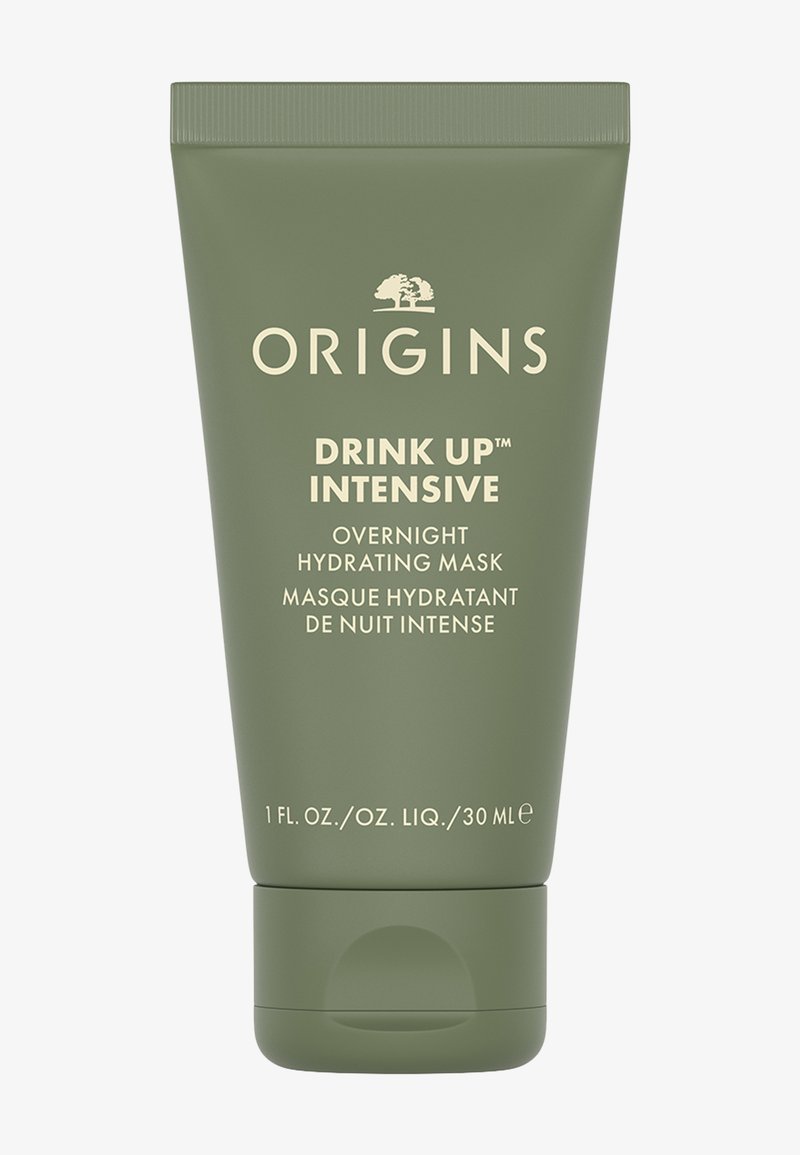 Green squeeze tube containing 30 ml of "Drink Up™ Intensive" overnight hydrating mask. White text noted on the front for product details.