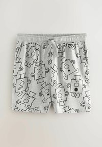 Ljust grå shorts med elastisk midja och dragsko, prydda med svarta tecknade block med olika ansiktsuttryck och höga hattar.
