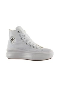 Baskets montantes blanches Converse All Star avec semelle épaisse, œillets métalliques et écusson logo visible à la cheville.
