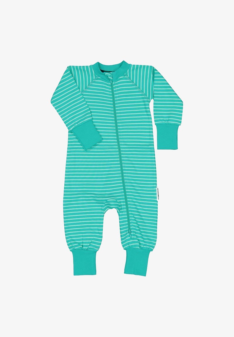 Stribet turkiset baby heldragt med lange ærmer, frontlynlås, elastiske manchetter og fodt design. Blødt bomuldsstof med ribbet tekstur.