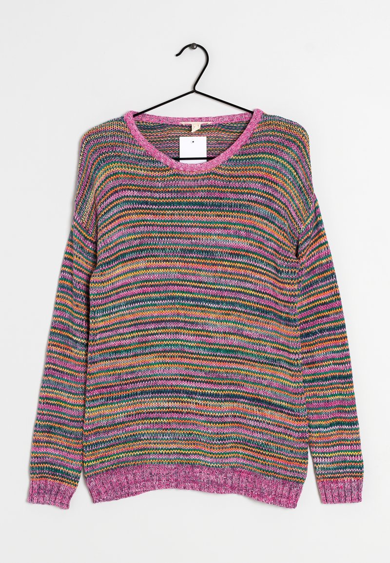 Mehrfarbiger gestrickter Pullover mit horizontalen Streifen in Pink, Grün, Gelb und Blau, einem runden pinken Halsausschnitt und gerippten Bündchen.