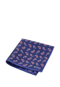 Námornícky modrý vreckový šál z hodvábu s paisley vzorom v červenej a bielej farbe, s bielym logom v dolnom rohu.