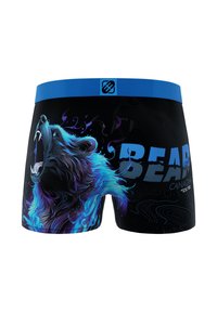 Boxer shorts noirs avec un graphique d'ours coloré et des accents bleus, une ceinture bleue, et le mot "BEAR" en grandes lettres.