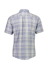 Camicia a maniche corte a quadri con una combinazione di colori blu e bianco, con colletto button-down e orlo dritto. Realizzata in tessuto leggero.