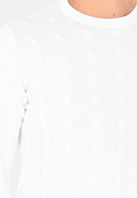 Maglione bianco lavorato a maglia con motivo a treccia e collo a girocollo a costine. Il tessuto è texturizzato con una finitura liscia e una forma aderente.