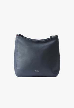 Marineblaue Leder-Schultertasche mit glatter Textur, abgerundetem oberen Rand und silbernen Hardware-Details. Minimalistisches Design mit dezentem Logo.