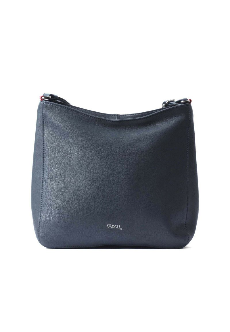 Marineblauwe leren schoudertas met een gladde textuur, afgeronde bovenkant en zilverkleurige hardware-details. Minimalistisch ontwerp met een discrète logo.