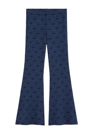 Pantalon évasé bleu marine avec un motif répétitif de formes de cœur foncé à l'intérieur de contours en losange.