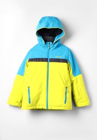 Hooded jacka med en design i blått och neongult, med en svart rand, dragkedjefickor och en texturerad inredning.