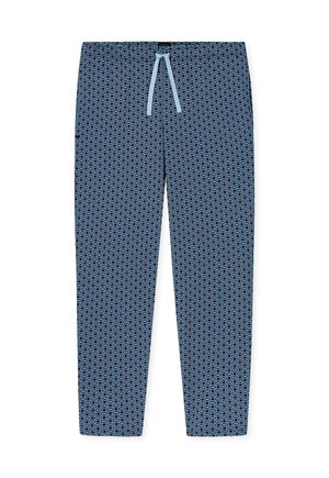 Pantalon de pyjama bleu avec un petit motif géométrique circulaire, taille élastique et cordon de serrage bleu clair centré à l'avant.