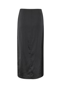 Jupe crayon en satin noir avec une texture lisse, de longueur genou, et des coutures latérales subtiles, créant une silhouette épurée.