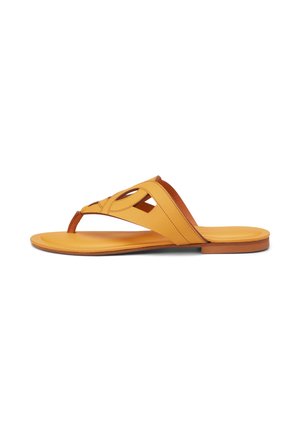 Yellow leather flip-flop with a T-strap design, featuring cut-out details and flat wooden sole. Smooth texture with minimalist accents.