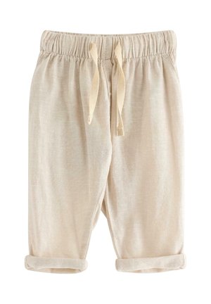 Beiget vauvan housut, joissa on joustava vyötärönauha, kiristysnauha ja käännetyt resorit, valmistettu pehmeästä ja kevyestä kankaasta.