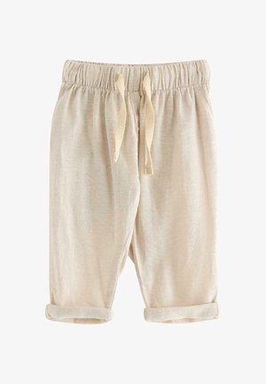 Beige bukser til småbørn med elastik i taljen, snøre og op-rullede kanter lavet af blødt, let stof.