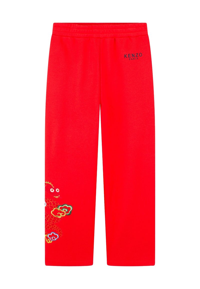 Pantalons de survêtement en coton rouge avec une taille élastique, ornés d'un motif brodé coloré d'un dragon et d'accents floraux sur la jambe gauche.