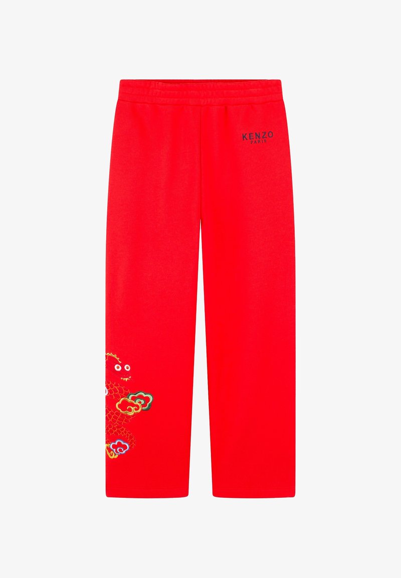 Pantalons de survêtement en coton rouge avec une taille élastique, ornés d'un motif brodé coloré d'un dragon et d'accents floraux sur la jambe gauche.