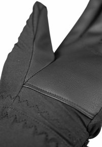 Schwarze Handschuhe mit einer Kombination aus strukturiertem Leder und glattem Stoff, mit Zickzacknähten und einem enganliegenden Design für Komfort.