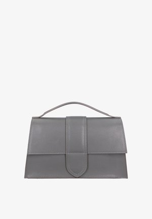 Borsa a tracolla in pelle grigia con silhouette strutturata, dotata di chiusura a pattina, manico superiore e dettagli di cucitura a contrasto.
