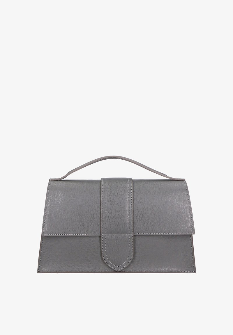 Grijze leren handtas met een gestructureerde silhoutte, voorzien van een klep sluiting, een bovenhandvat en contrasterende stiksels.