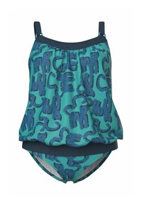 Blåt og petrolfarvet todelt badedragt med en løs tanktop og et mørkeblåt tigerprint på hele stoffet.