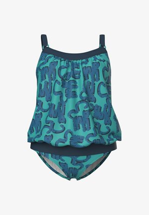 Blauw en teal tweedelig badpak met een losse tanktop en een donkerblauw tijgerpatroon over de stof.