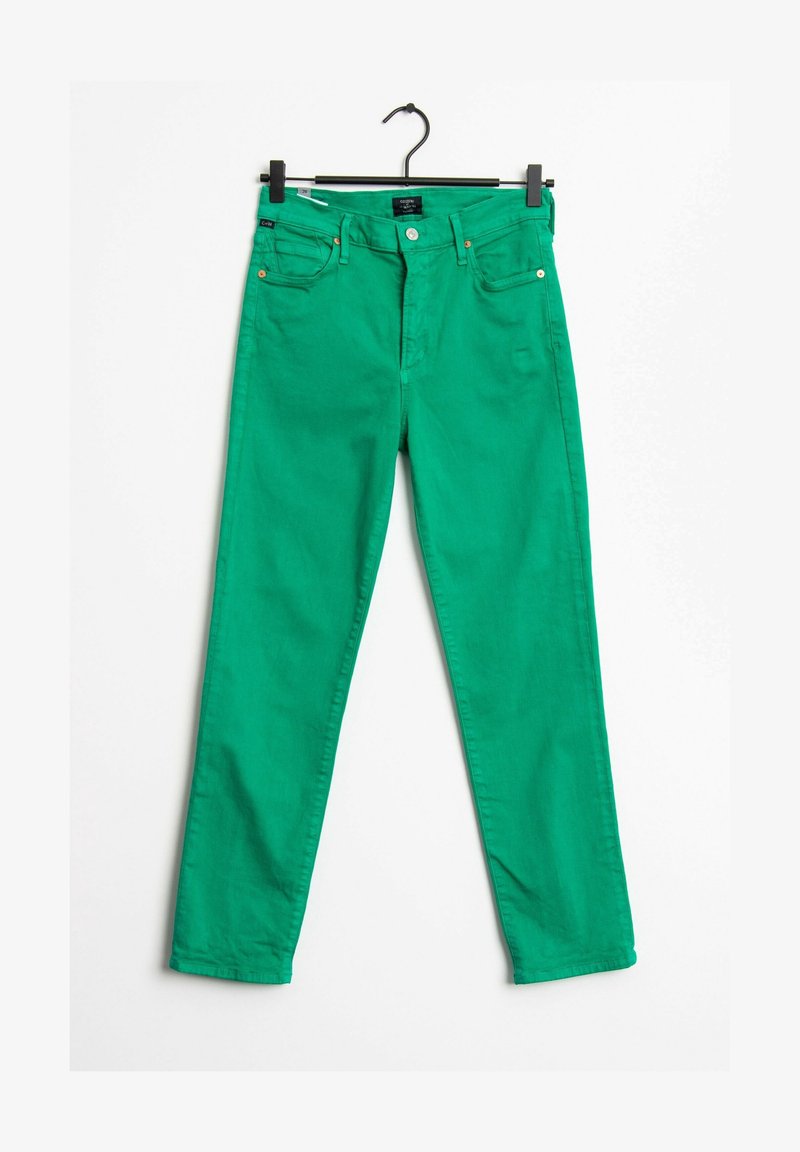 Zelené bavlněné džíny se střihem rovného nohavice, obsahují pět kapes, zapínání na knoflík a hladkou texturu. Visí na černém háčku.