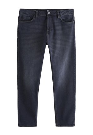 Dunkelblaue Slim-Fit-Jeans mit Knopf- und Reißverschluss vorne, Fünf-Taschen-Design und dezenten Verwaschungen an Oberschenkeln und Knien.