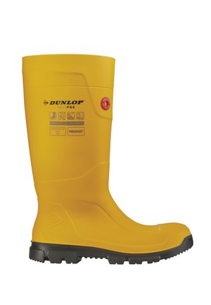 Bright yellow Dunlop Terra Pro waterproof safety boot with black sole and visible protective certification markings on the side.