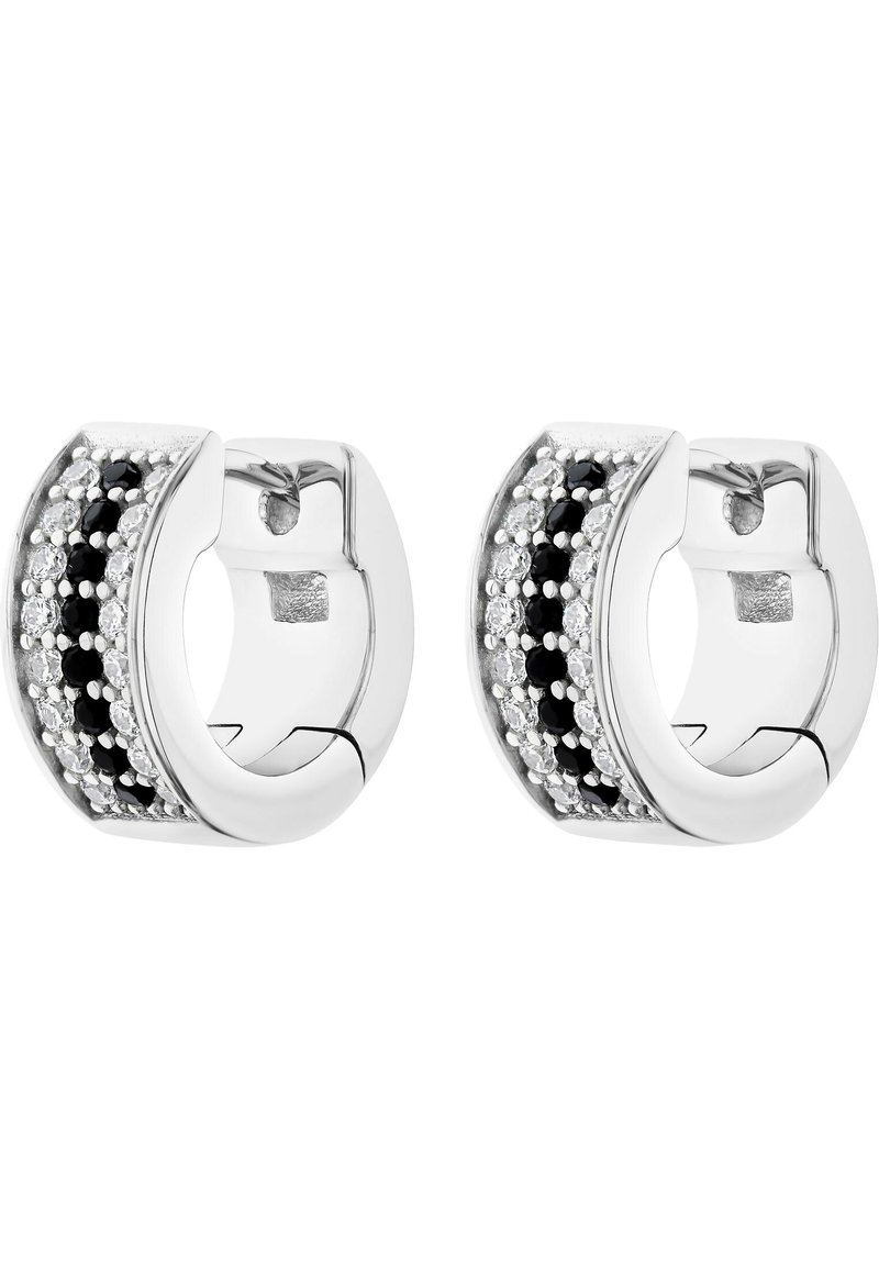 Silver hoopörhängen med en rad av svarta och klara stenar inbäddade längs mitten, med en polerad slät yta och rundad design.