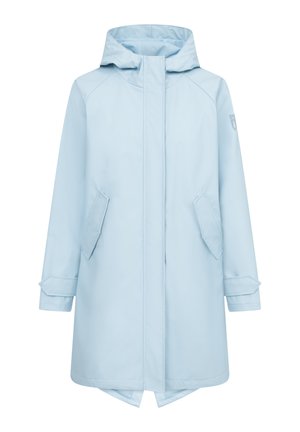 Light blue waterproof coat with a hood, raglan sleeves, and two side pockets. Features a straight cut and adjustable cuffs. Smooth texture.
