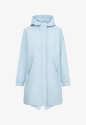 Light blue waterproof coat with a hood, raglan sleeves, and two side pockets. Features a straight cut and adjustable cuffs. Smooth texture.