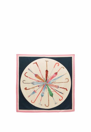 Silk scarf with a pink border featuring a circular pattern of various colorful umbrellas and walking canes radiating from the center.