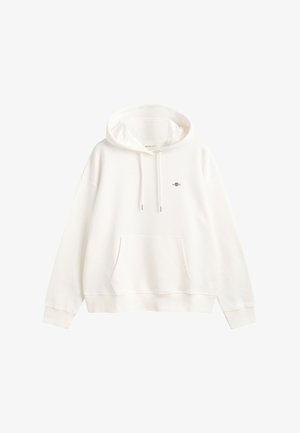 Sudadera blanca con bolsillo canguro, capucha con cordón y logo bordado en el pecho. Fabricada en suave material de algodón. Corte relajado.