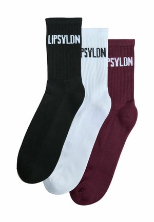 Set van drie crew-sokken in zwart, wit en bordeaux, elk met de tekst "LIPSYLDN" nabij de bovenste geribbelde boord.