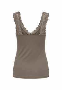 Brun tank top med blondekant ved skuldrene og ryggen, med et tætsiddende design og glat tekstur. Formet til en behagelig pasform.