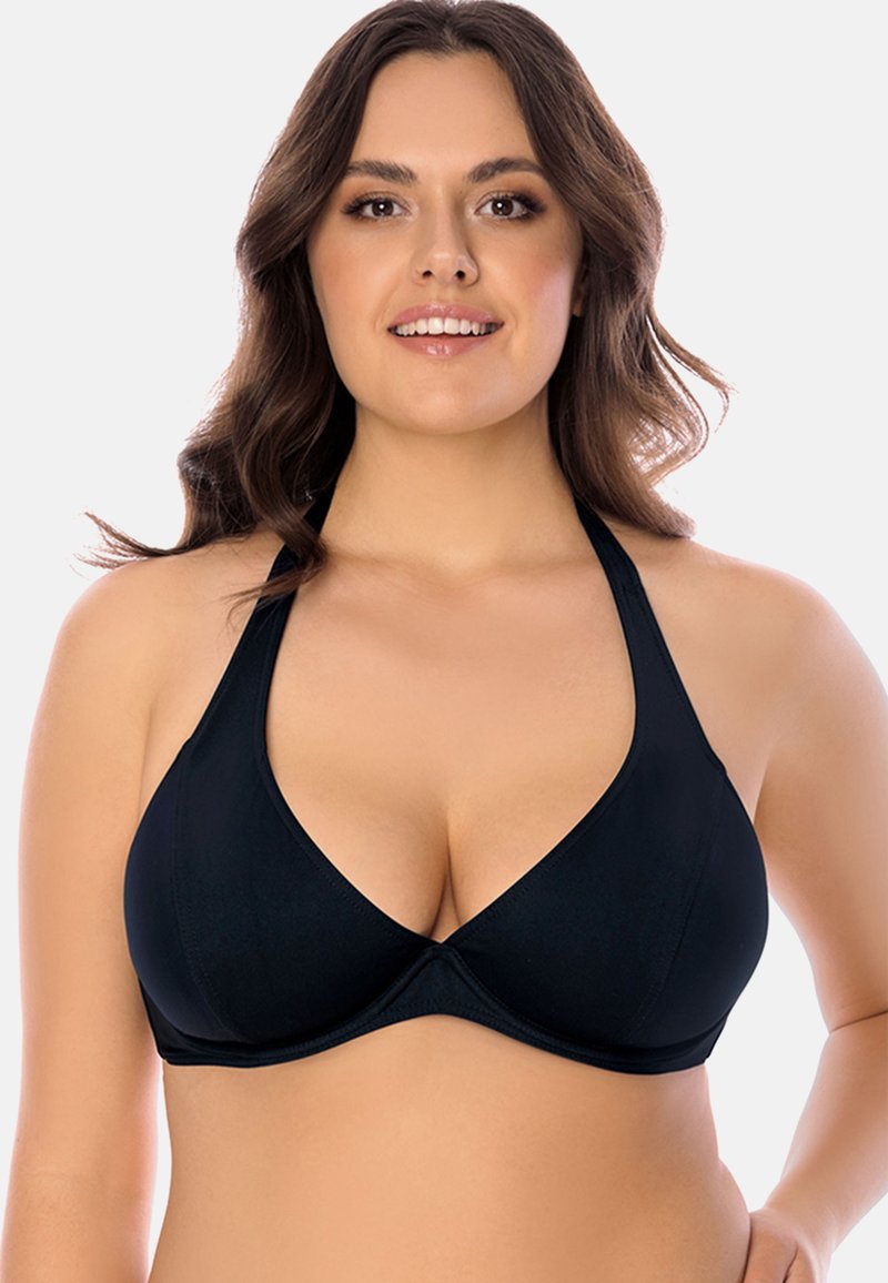 Top bikini nero a halter con coppe morbide, scollatura a U e spalline regolabili. Texture liscia e design minimalista senza fantasie.