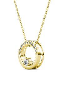 Collana in tono oro con un pendente circolare adornato da gemme trasparenti e una finitura lucida. La catena è delicata con dettagli a maglia.