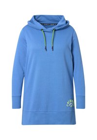 Felpa con cappuccio blu e maniche lunghe, realizzata in tessuto morbido. Presenta un lacci verde e un logo a contrasto vicino all'orlo.