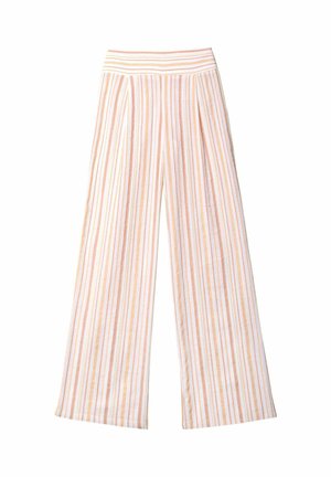 Pantalones de pierna ancha en tejido suave con rayas verticales naranjas y blancas, que cuentan con una cintura elástica alta y un detalle de pliegues en la parte delantera.