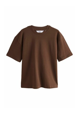 Smeđi kratki rukavi T-shirt napravljen od pamuka s okruglim izrezom, opuštenog kroja i glatke teksture. Nema vidljivih uzoraka ili akcenata.