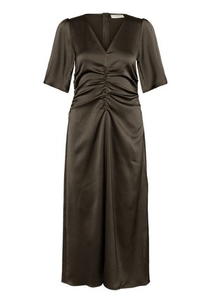 Oljenvihreä mekko, joka on valmistettu sileästä kankaasta. Mekossa on v-pääntie, lyhyet hihat, rypytetty yksityiskohta vyötäröllä ja pitkä, valuvasti laskeutuva hame.