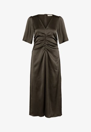 Olive zelena obleka iz gladkega materiala, z v-izrezom, kratkimi rokavi, nabranimi detajli v pasu in dolgo lepršavo krilo.