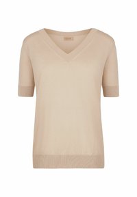 Beżowy sweter z krótkim rękawem i dekoltem w serek, wykonany z miękkiego dzianiny, z prążkowanymi akcentami na rękawach i u dołu. Prosty, lekki design.