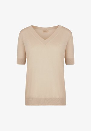 Beige kurzärmliger V-Ausschnitt-Pullover aus weichem Strickmaterial, mit gerippten Akzenten an den Ärmeln und dem Saum. Einfaches, leichtes Design.