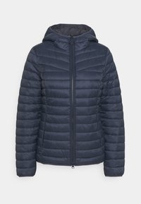 Navy puffer jacket made of quilted fabric featuring a hood, front zip closure, and elastic cuffs for warmth and comfort.