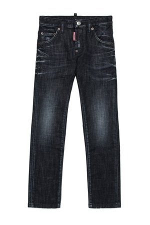 Jeans in denim blu scuro con taglio dritto, dotati di cinque tasche, un bottone in metallo e cuciture a contrasto. Leggera scoloritura sulle cosce.