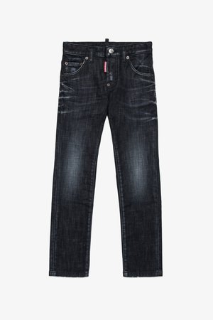 Jeans in denim blu scuro con taglio dritto, dotati di cinque tasche, un bottone in metallo e cuciture a contrasto. Leggera scoloritura sulle cosce.