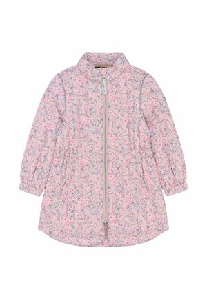 Chaqueta infantil de color rosa claro con estampado floral, cremallera frontal, puños elásticos y dos bolsillos laterales sobre fondo blanco.